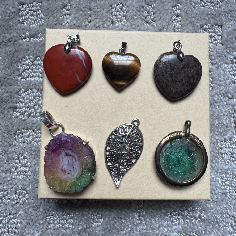 Lot of 6 Mixed Pendants Heart Gemstone Tiger Eye Aura Quartz Leaf 18KGP Bail